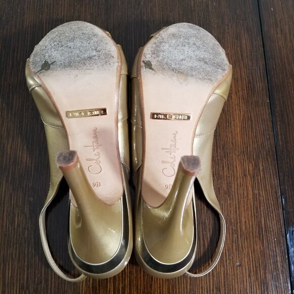 Cole Haan Womens 9B Nike Air Gold Patent Leather Heel Sling Back Open Toe Heels - Picture 6 of 12